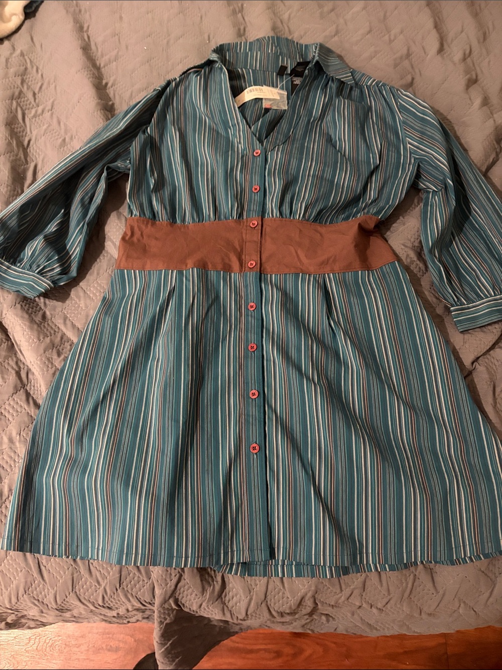 Bisou Bisou Teal Striped Dress with Brown Waist Panel